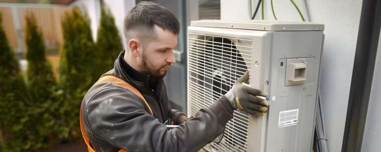 Installing An Outdoor Heat Pump Unit For House Heating By An Engineer. Concept Outdoor Heat Pump Installation, Hvac Technician, House Heating System, Energy Efficient Solutions